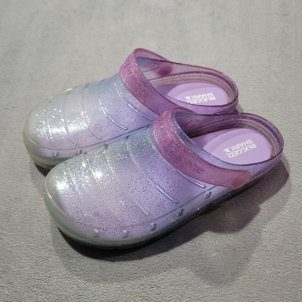 Rugged Shark Clogs Girls Size 3 Purple Blue Ombre Glitter Jelly Slip On Shoes